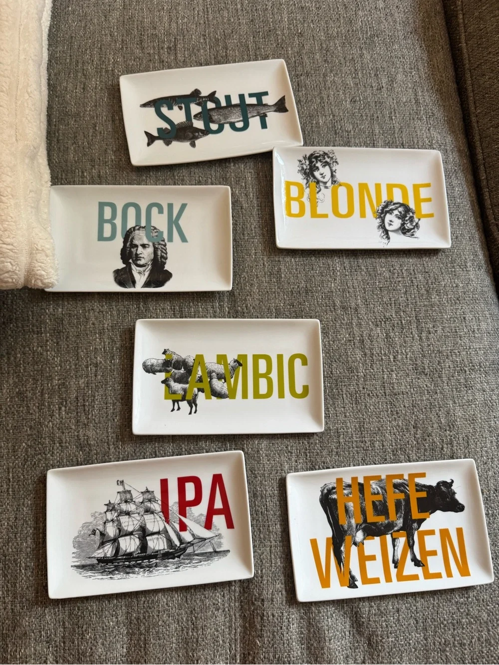 Crate & Barrel Beer Appetizer Plates Set of 6 Stout IPA Bock Blonde Lambic